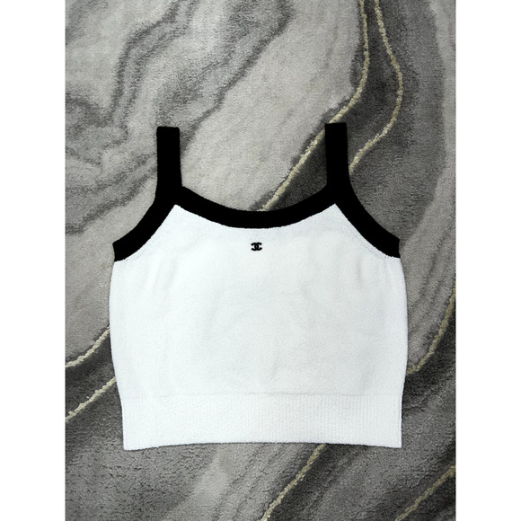 Chanel 23P White Black CC Logo Ribbed Hem Stretch Cotton Knit Top Tank Shirt 38 - Picture 4 of 12